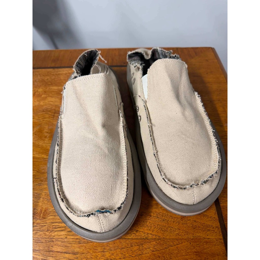 Sanuk Mens 11 Beige Loafers Sidewalk Surfer Canvas Slip On Frayed 1117753